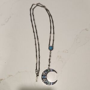 Silver Moon Pendant long Necklace with‎ turquoise details